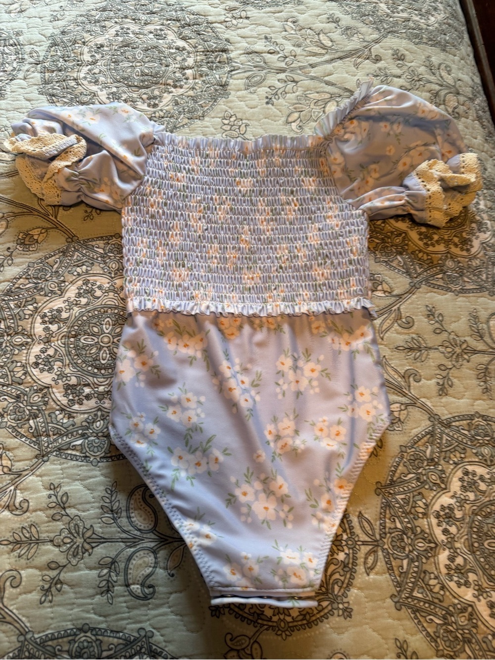 Kids Lavender Floral Smocked One-Piece Swimsuit 2 piece set, cover up & suit